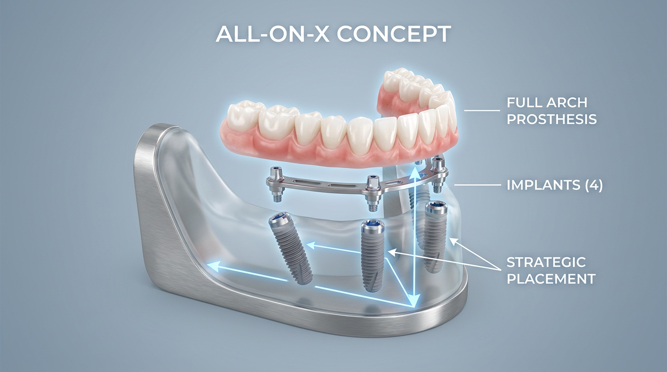 A schematic diagram illustrating the "All-on-X" concept, showing a full arch of teeth supported by just four strategically placed implants in a simplified jawbone cross-section.