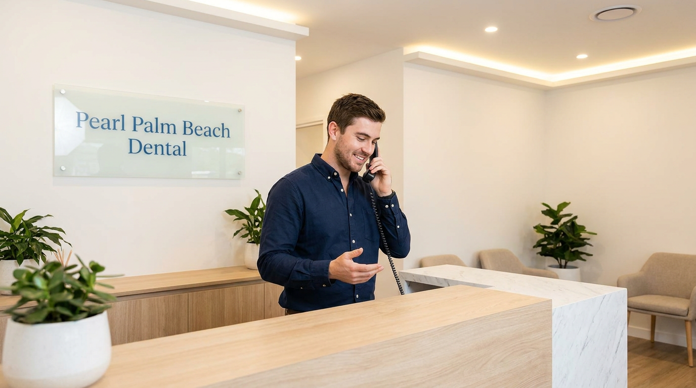 Photorealistic. Lucas, a friendly dental receptionist, speaking kindly on the phone at a modern, clean dental office front desk, with soft lighting and subtle branding for Pearl Palm Beach Dental.