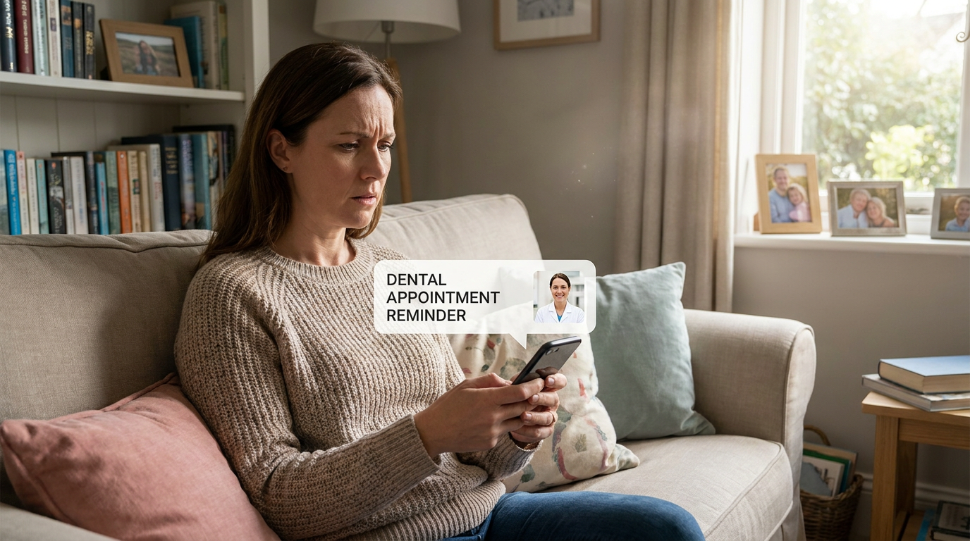 Photorealistic. Ashley, looking at her phone with a worried expression, a dental appointment reminder notification visible on the screen. She is sitting on a sofa in a subtly cluttered, warm living room.