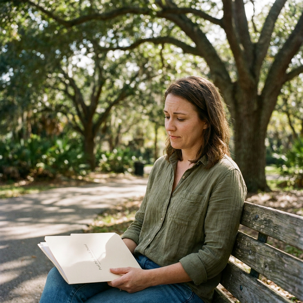 Ashley holds a patient information packet from Pearl Palm Beach Dental on a park bench, looking thoughtfully relieved.
