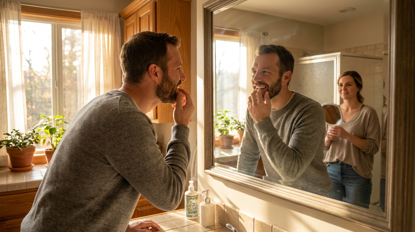 Connor, looks contemplatively at himself in a bathroom mirror, observing his temporary veneers.