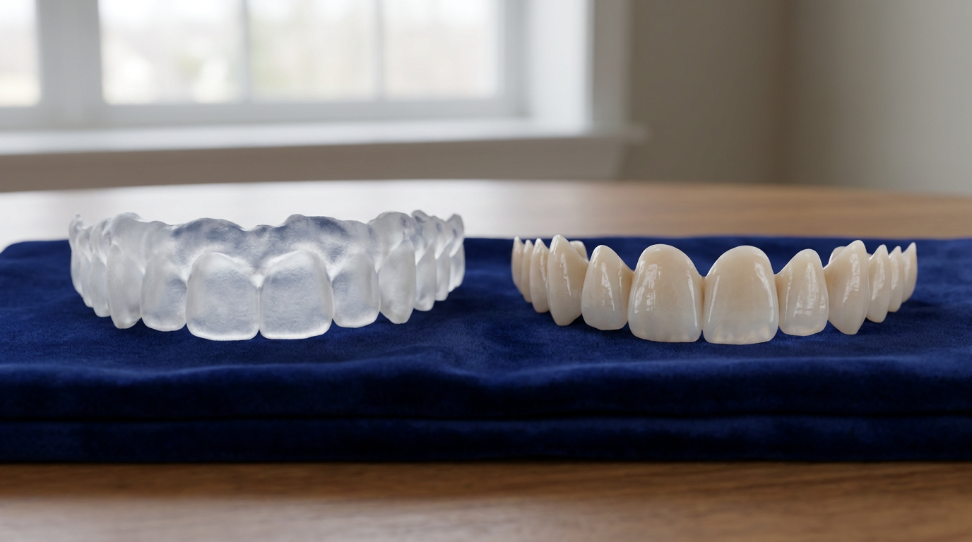 Two sets of veneers — one translucent, slightly rough-edged temporary set made of acrylic, and one highly polished, natural-looking permanent porcelain set side by side on a dark blue velvet cloth.