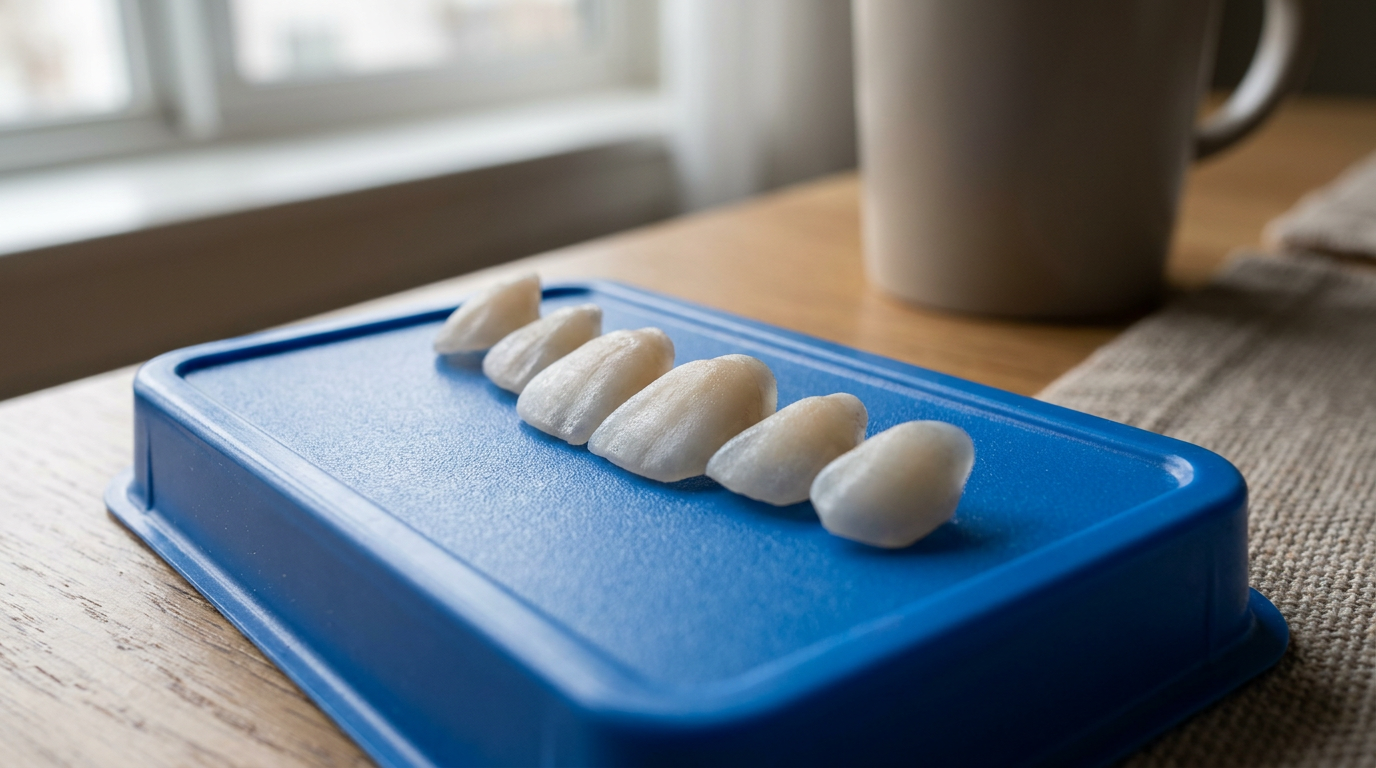 A macro shot of several semi-translucent temporary veneers, made from composite resin, laid out neatly on a sterile blue dental tray under bright, focused light.