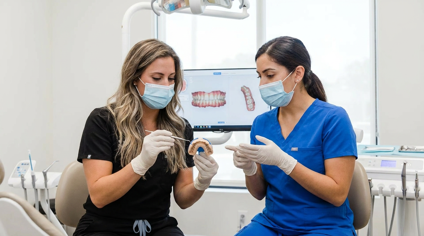 Dr. Ashley Civetti, and a female dental assistant carefully review an impression of a patient's teeth on a tray, discussing the final fit and aesthetic of permanent veneers.