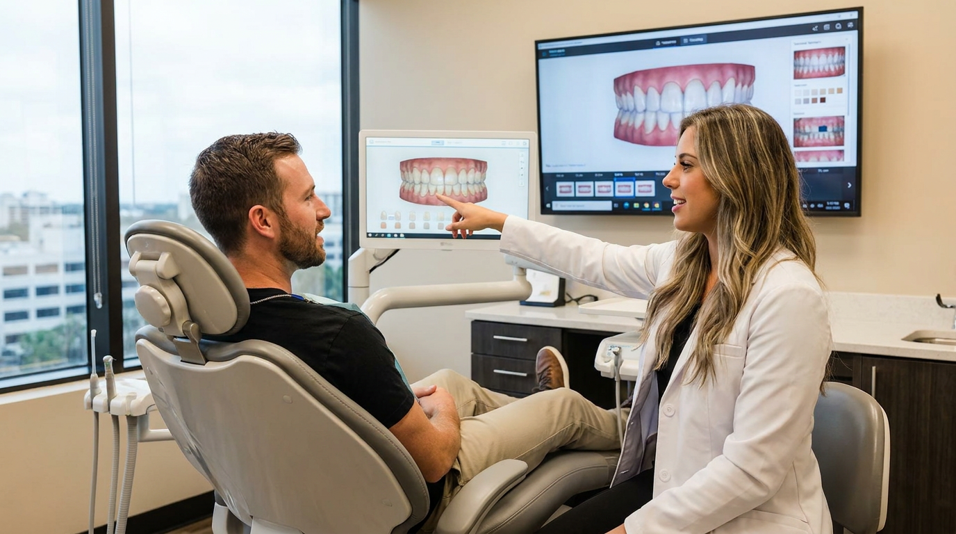 Dr. Ashley Civetti, in a soft white lab coat, consults with Connor, who is seated in a modern dental chair.
