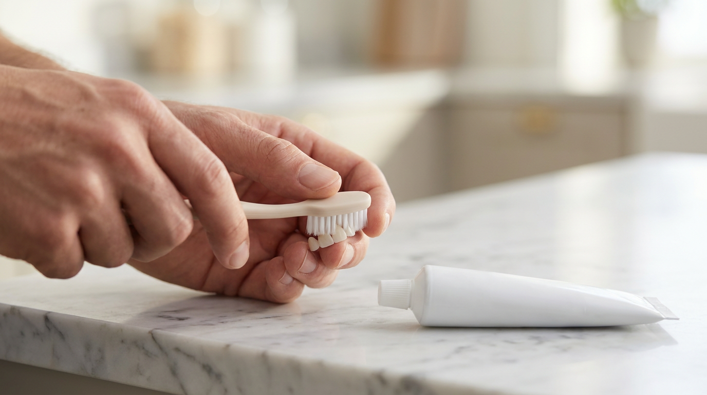 A close-up of a patient's hand gently brushing their temporary veneers with a soft-bristled toothbrush and a tube of plain white toothpaste on a marble countertop, emphasizing careful oral hygiene.