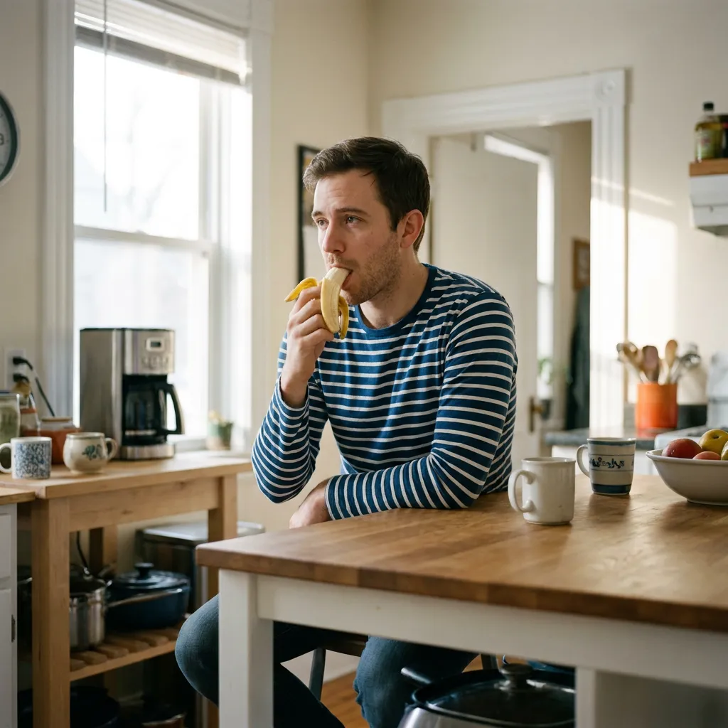 Connor, takes a cautious bite of a banana at a kitchen island in morning light.