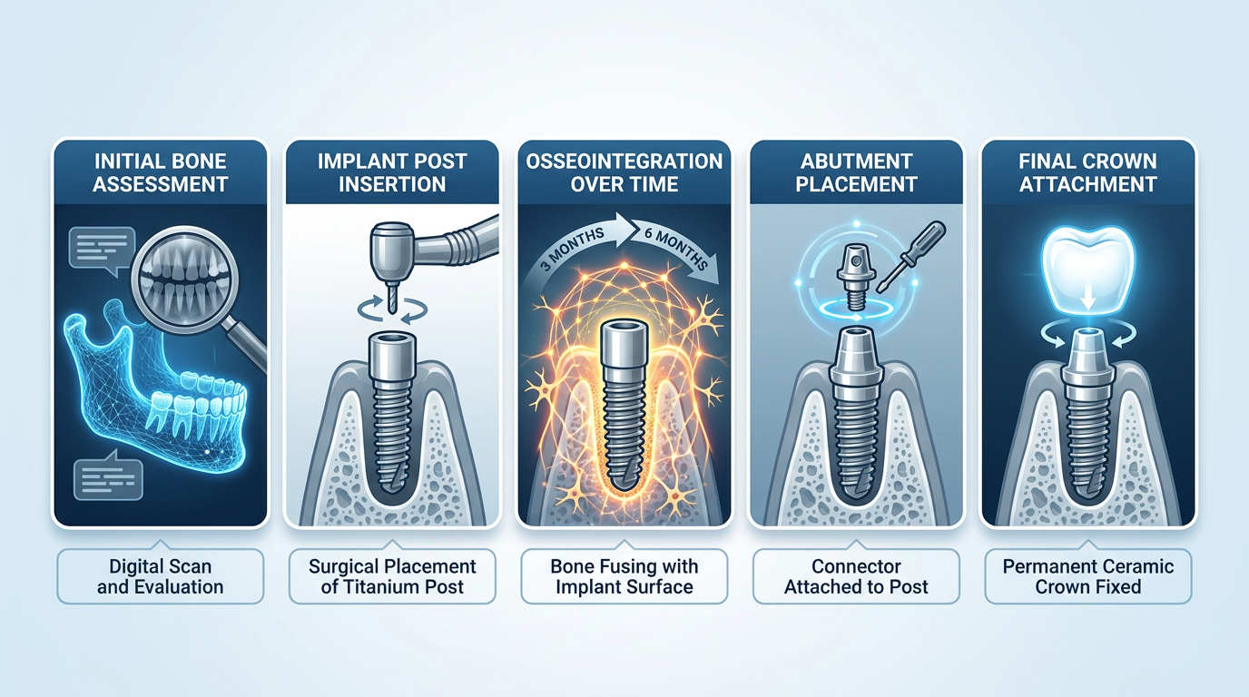 An infographic displays five stages of a dental implant process: initial bone assessment, implant post insertion, osseointegration over time, abutment placement, and final crown attachment.