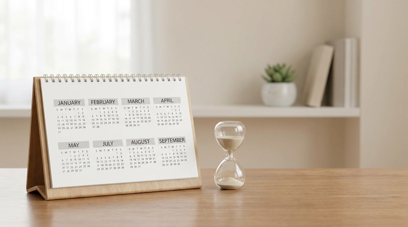 A desk calendar showing months January through September sits on a light wooden surface next to an hourglass with sand in both bulbs.