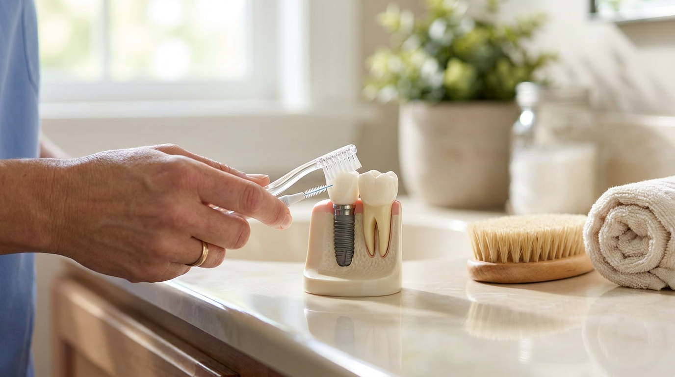 A hand holds a toothbrush and interdental brush to clean a dental implant model on a bathroom counter with a rolled towel, a brush, and a plant in the background.