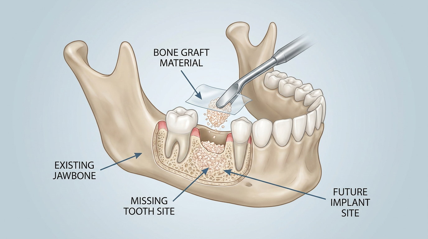 An illustration shows a cross-section of a lower jawbone with teeth, where bone graft material is being added to a missing tooth site in preparation for a future implant.