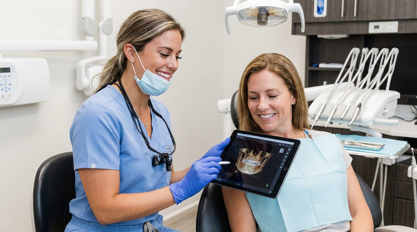 Dr. Ashley Civetti, wearing a light blue scrub top, a face mask, and blue gloves, points to a 3D dental scan on a tablet for a patient in a dental chair.