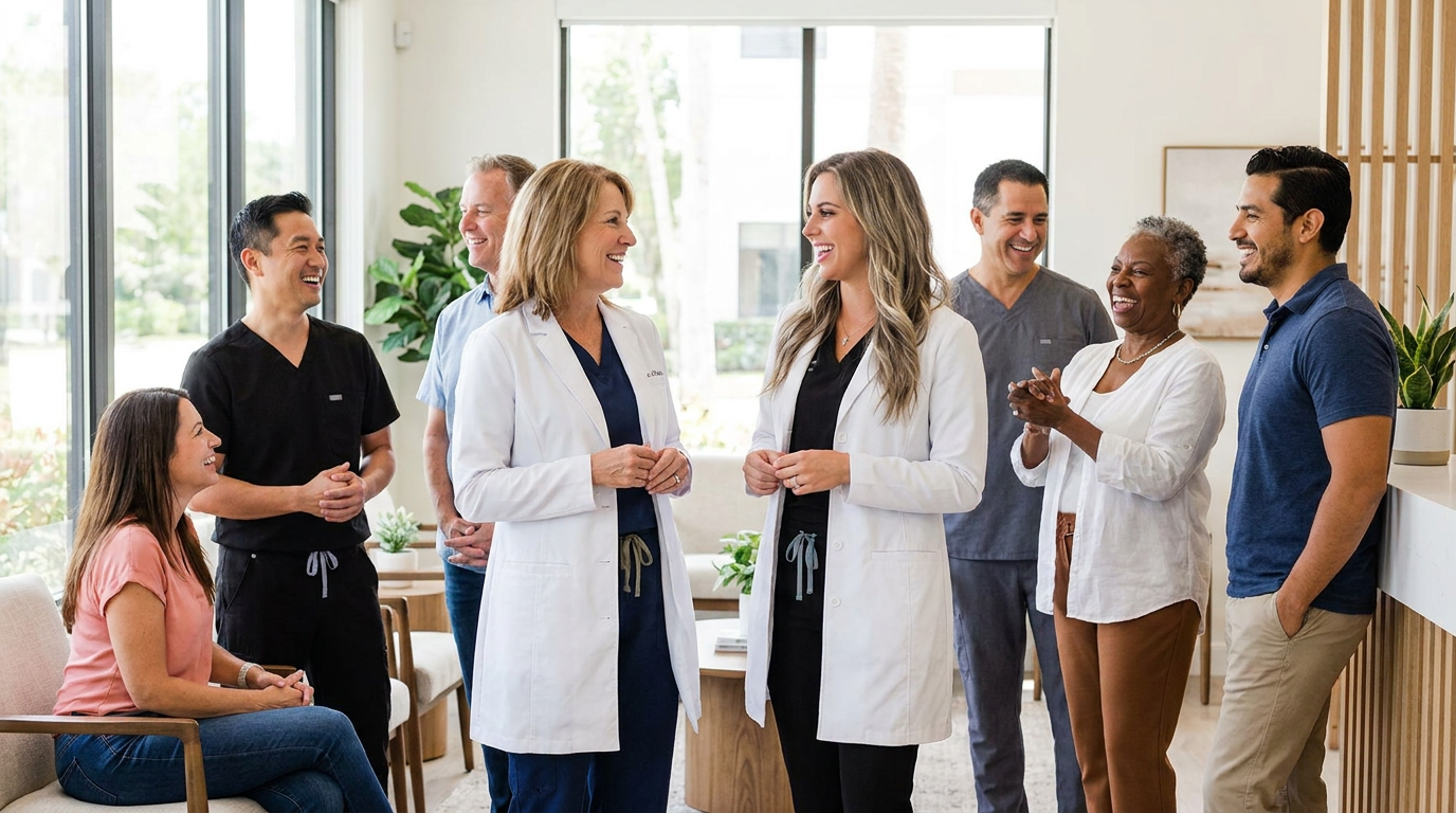 Seven people, including two women in white lab coats, stand and sit in a modern dental waiting area with large windows, smiling and conversing.