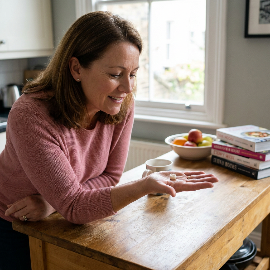 Samantha, wearing a pink long-sleeved shirt, smiles down at a white dental crown resting in her open palm as she leans on a wooden table in a kitchen.