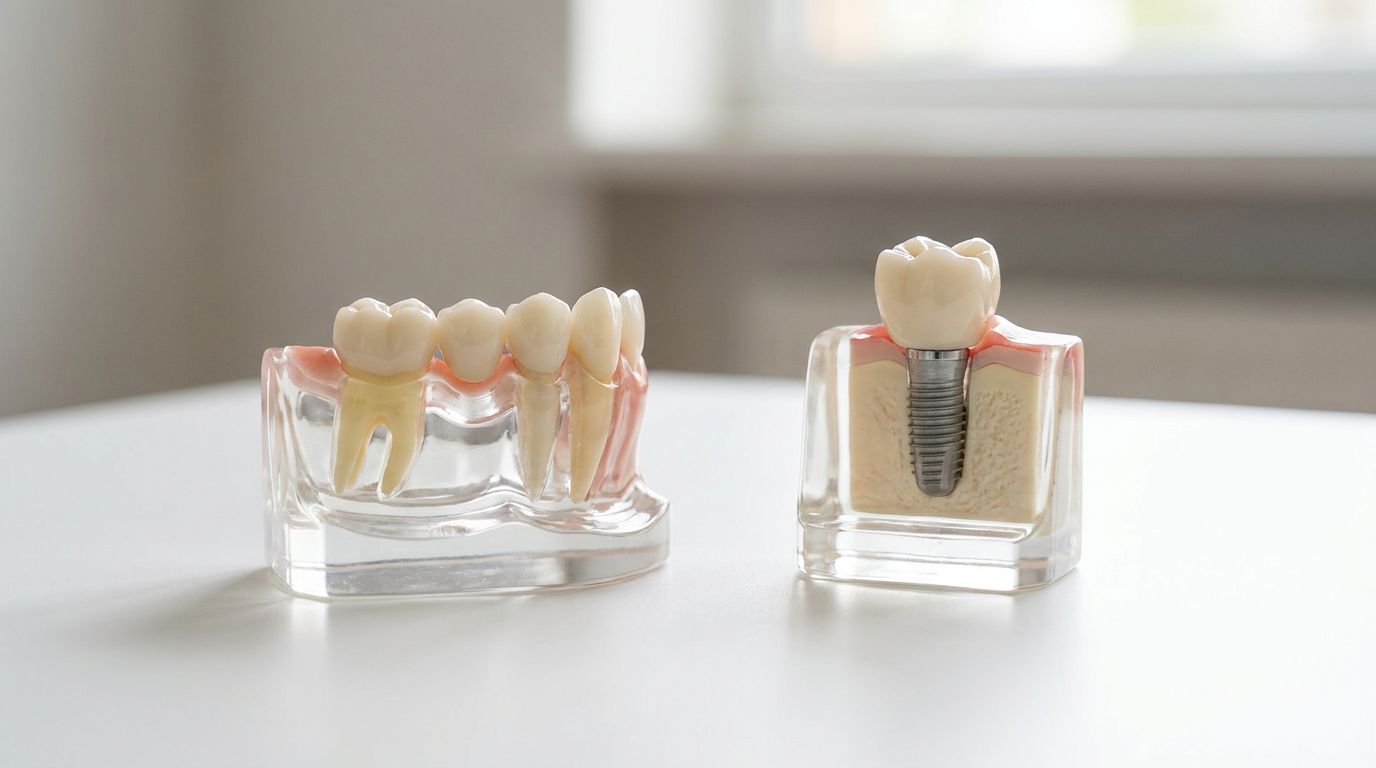 Two dental models sit on a white surface, one showing a bridge with three teeth and the other a cross-section of a single dental implant.