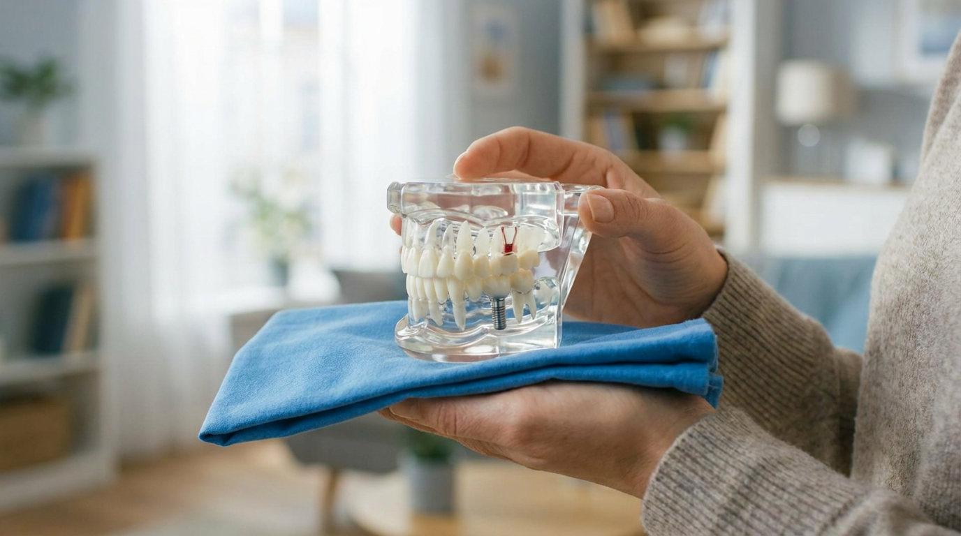 A person wearing a light brown sweater holds a transparent dental model with a dental implant on a blue cloth in a brightly lit room.