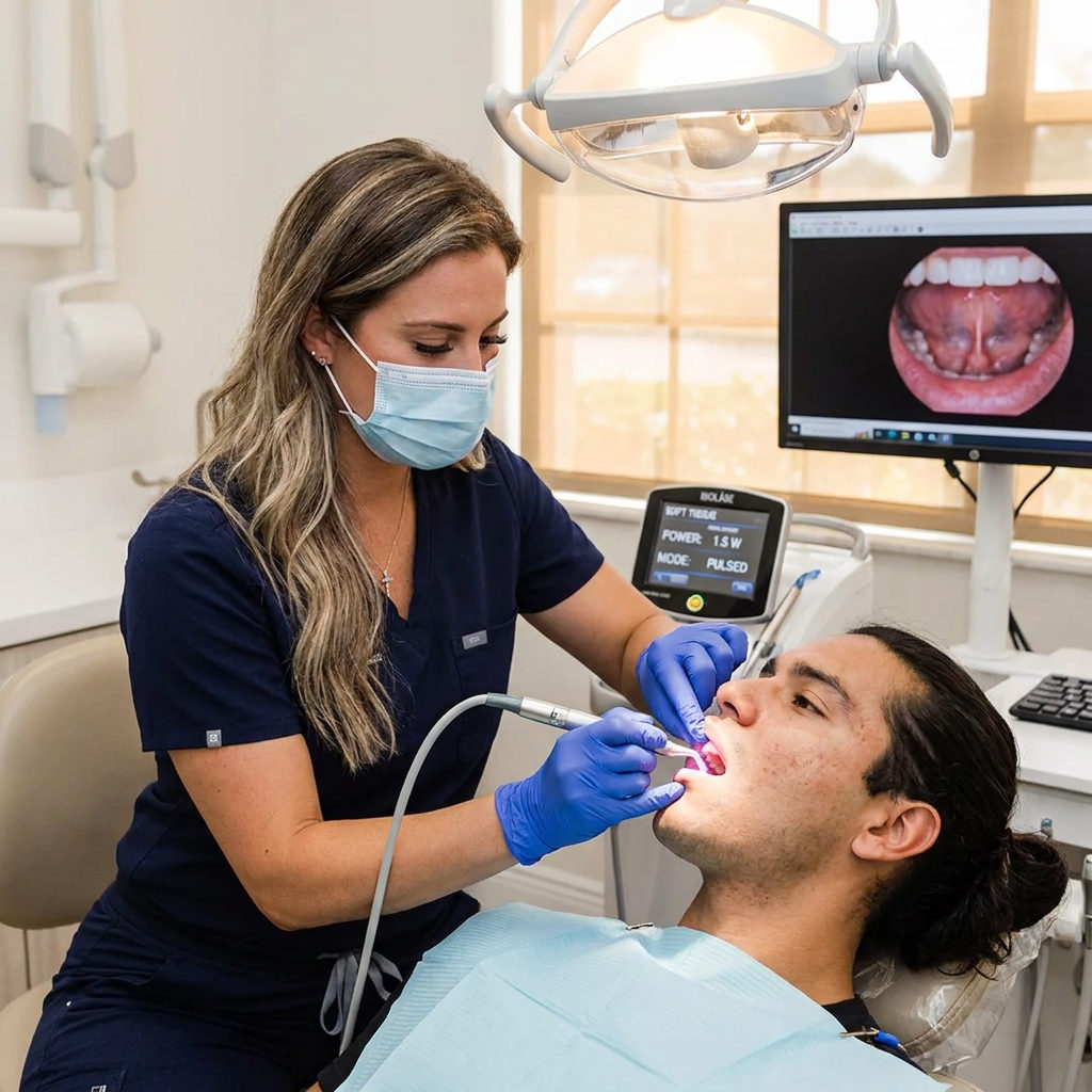 A dentist uses a Biolase Waterlase iPlus laser for a lingual frenectomy at Pearl Palm Beach Dental in Royal Palm Beach, FL.