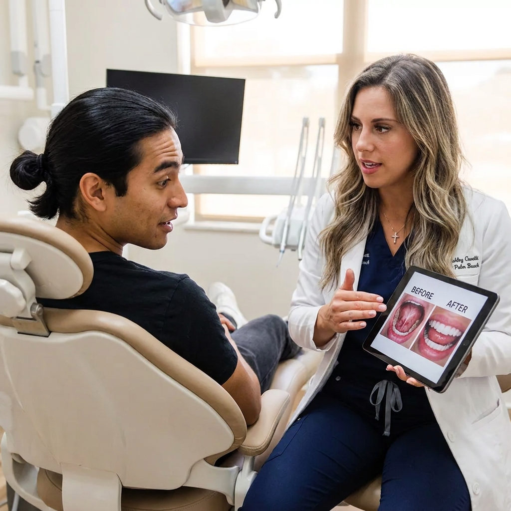 A dentist at Pearl Palm Beach Dental in Royal Palm Beach, FL shows an adult frenectomy patient images on a tablet.