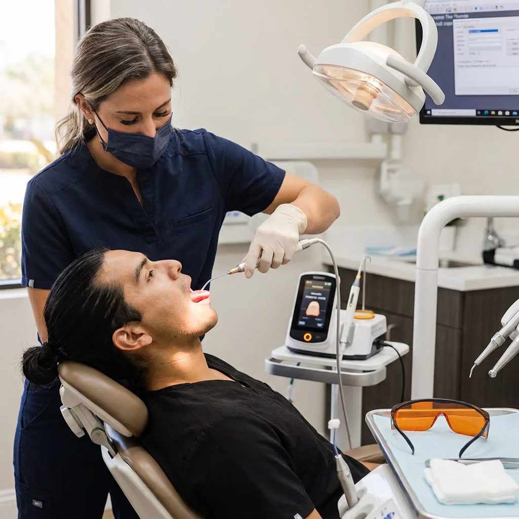 A dentist uses a diode laser for a frenectomy on a patient at Pearl Palm Beach Dental in Royal Palm Beach, FL.