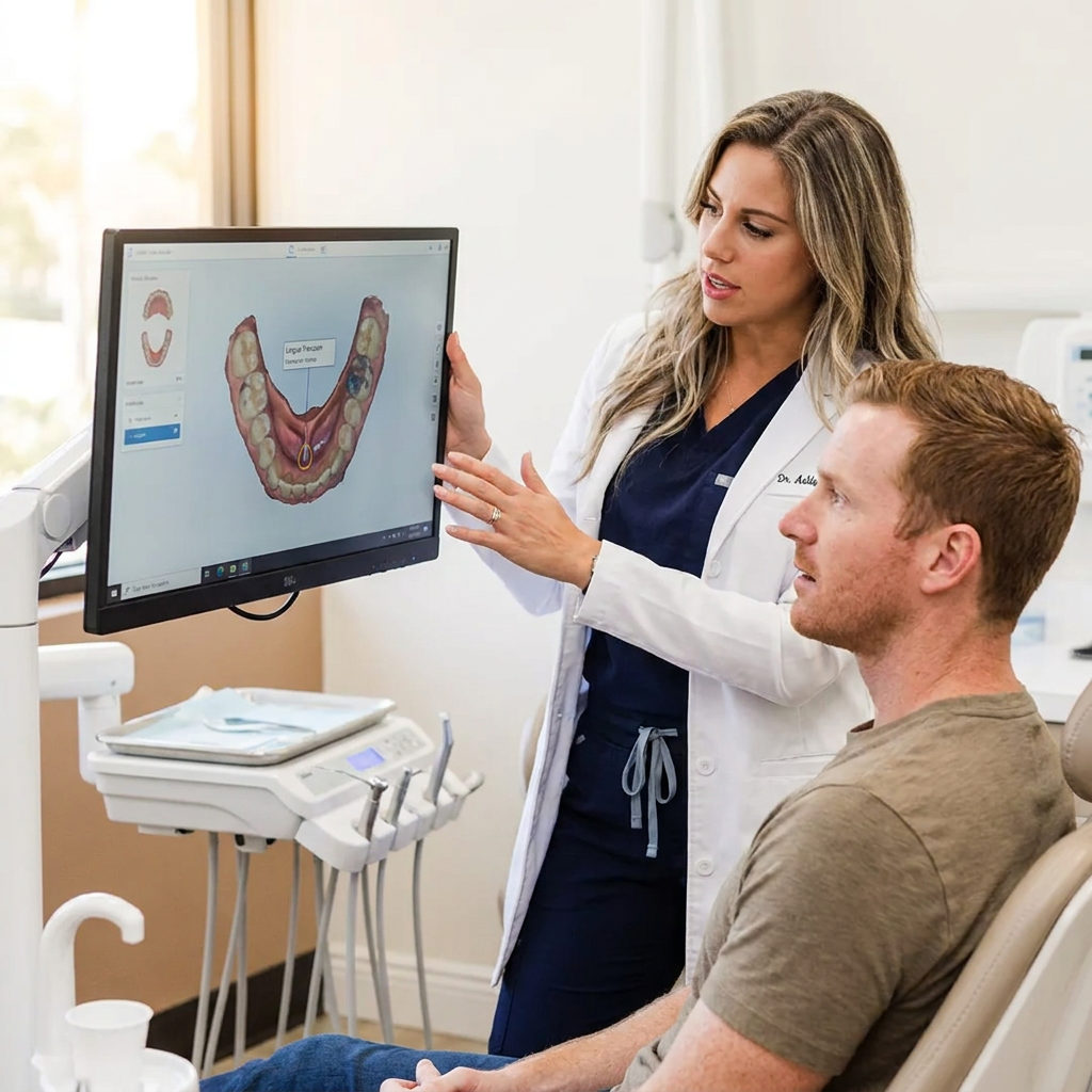 A Pearl Palm Beach Dental dentist shows a patient a 3D intraoral scan during a tongue tie consultation in Royal Palm Beach.