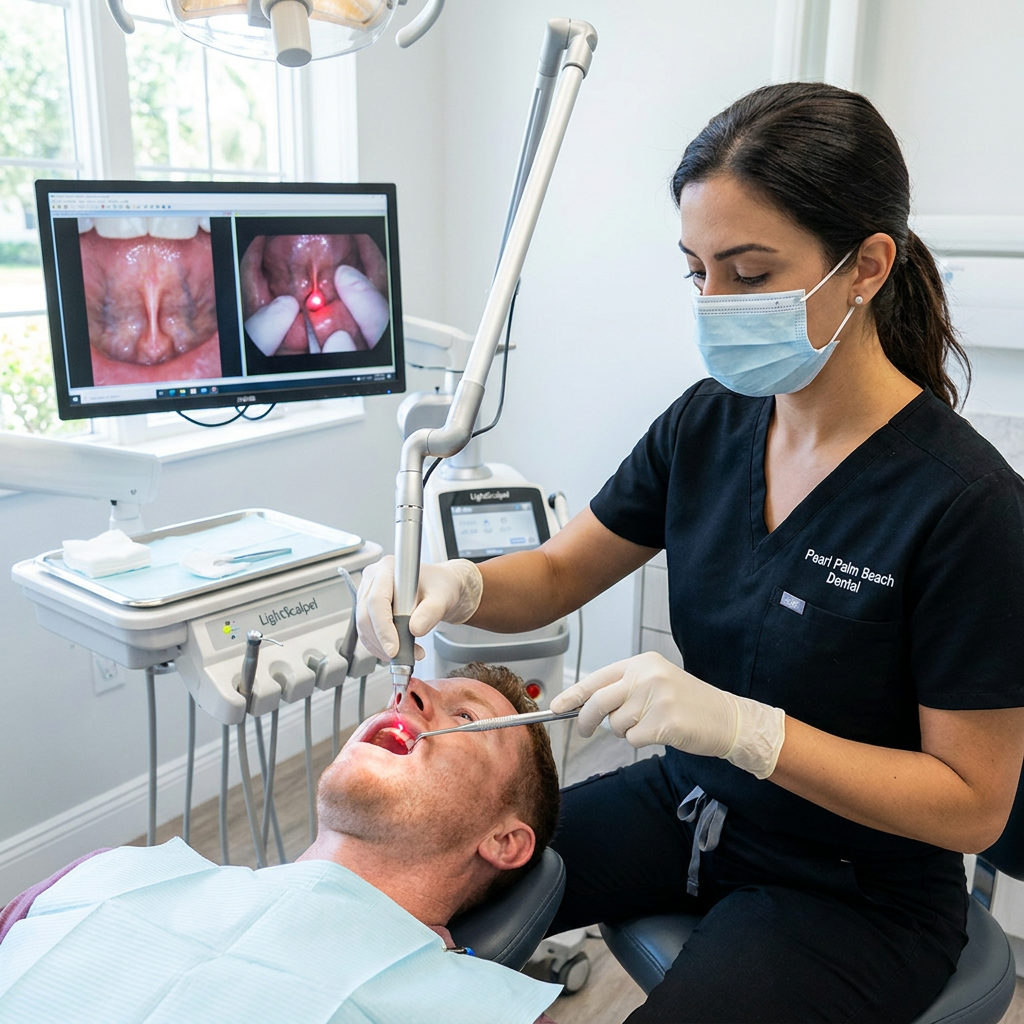 A Pearl Palm Beach Dental dentist uses a LightScalpel CO2 laser to treat an adult patient in Royal Palm Beach, Florida.