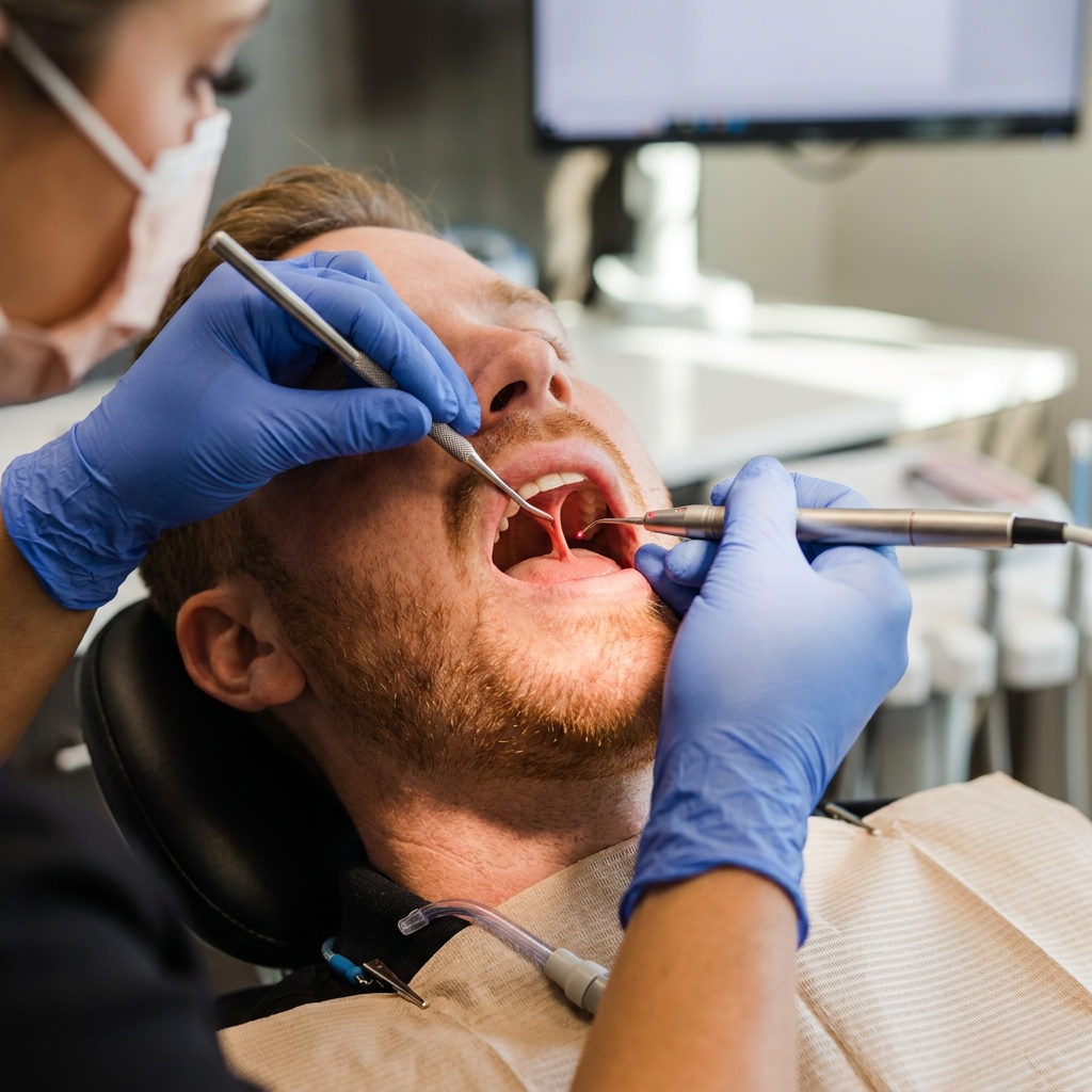 Gloved hands use a laser and grooved director for a tongue-tie release at Pearl Palm Beach Dental in Royal Palm Beach, FL.