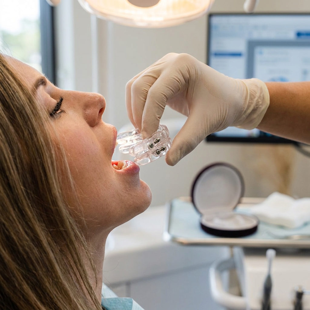 A gloved hand holds a clear DreamSleep oral appliance near a patient at Pearl Palm Beach Dental in Royal Palm Beach, FL.