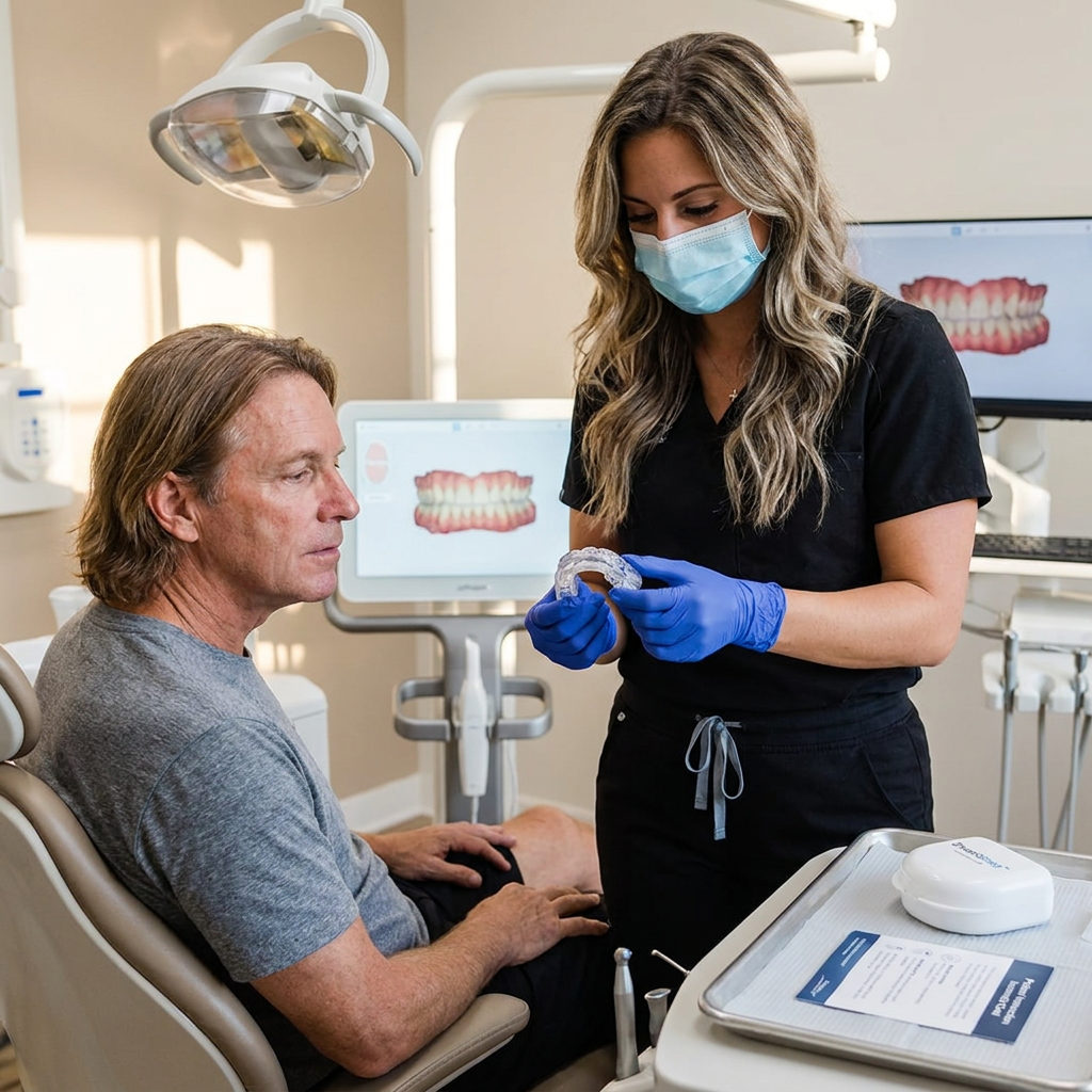 A Royal Palm Beach, FL dentist shows a DreamSleep oral appliance to a patient near a 3Shape TRIOS intraoral scanner.