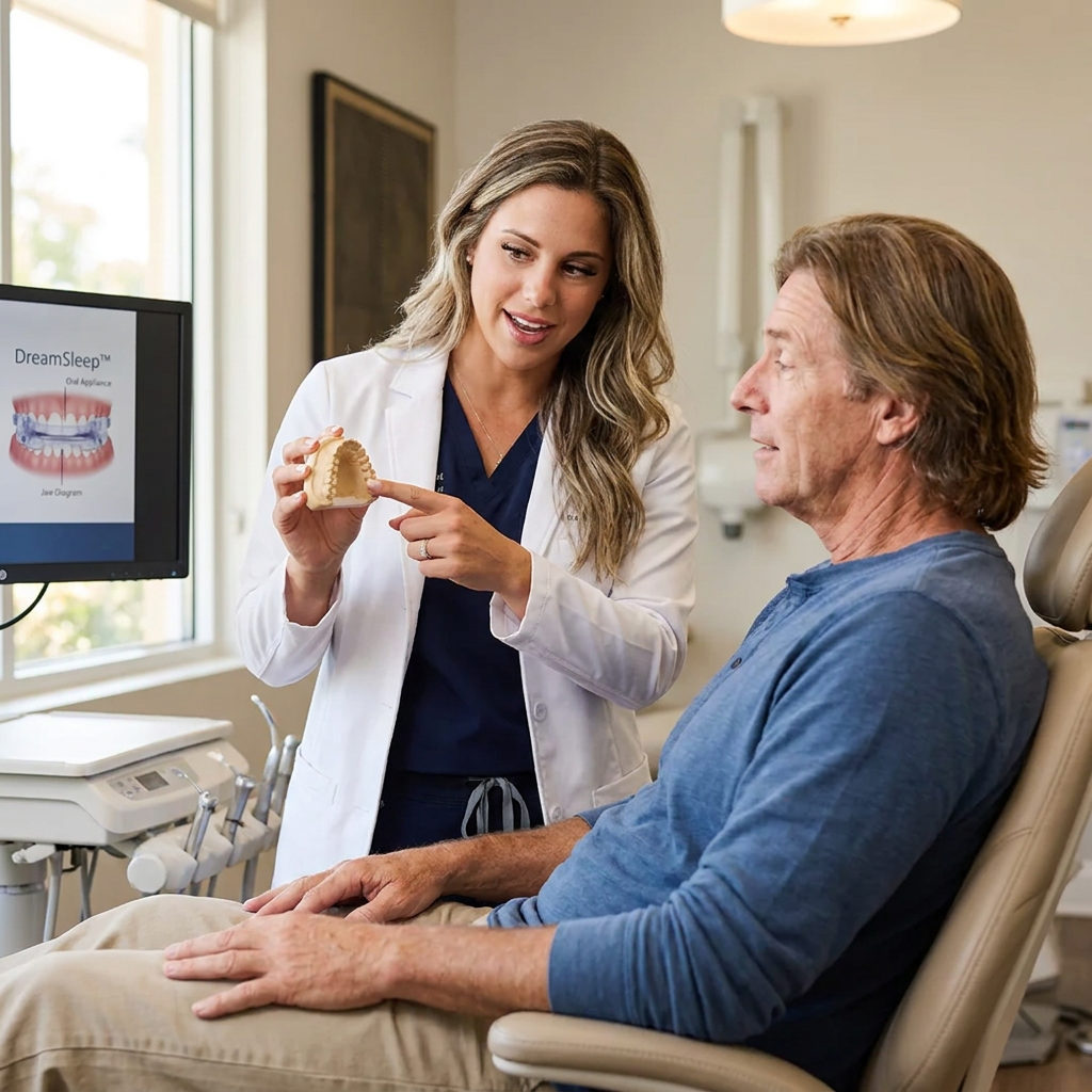 A dentist at Pearl Palm Beach Dental in Royal Palm Beach shows a patient a model for DreamSleep oral appliance therapy.