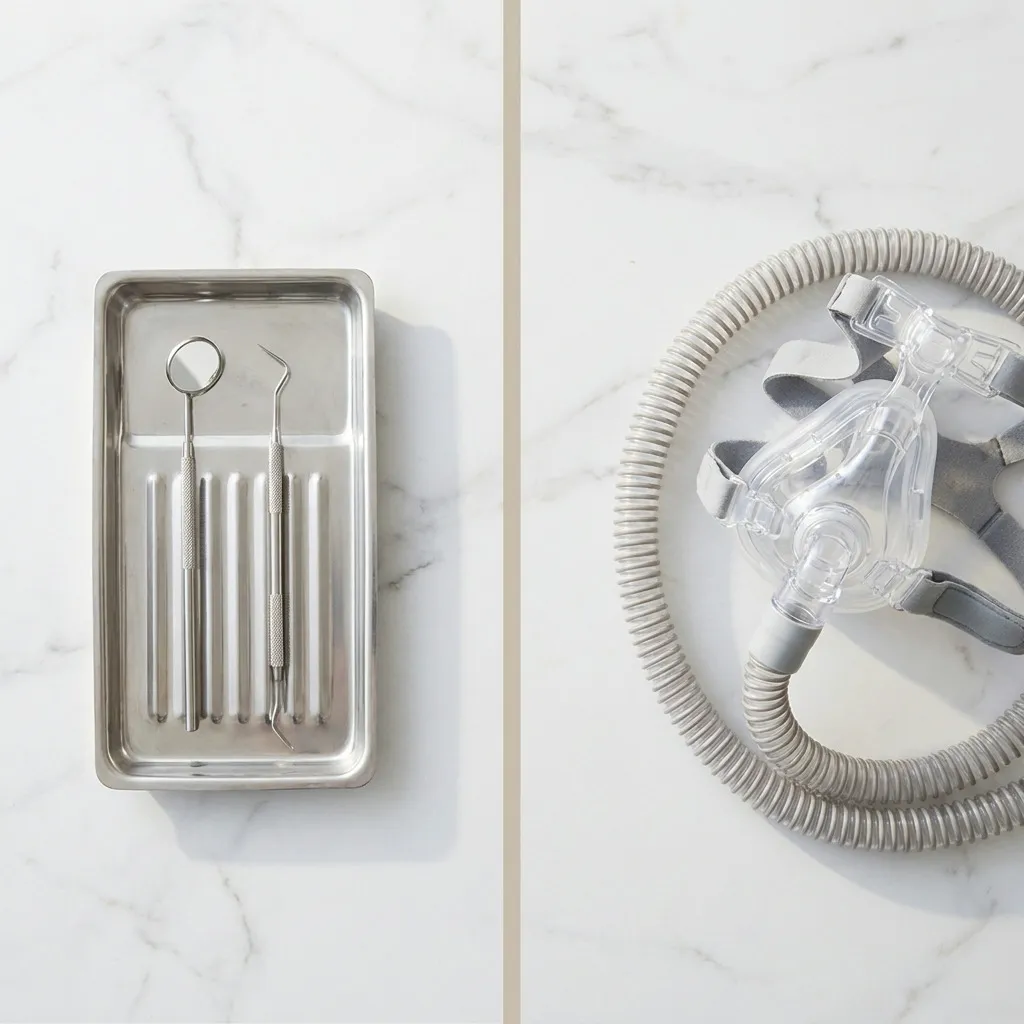 A metal dental tray with a mirror and probe sits on a white marble surface next to a clear CPAP mask with a gray hose and straps.