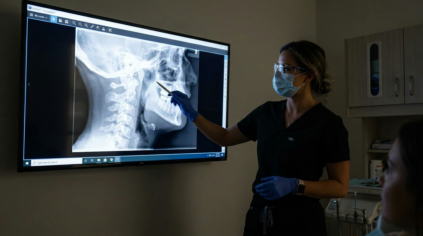 Dr. Ashley Civetti, wearing scrubs, a mask, glasses, and gloves, points with a stylus at a jaw and neck x-ray on a large wall-mounted screen, with a patient partially visible in the foreground.