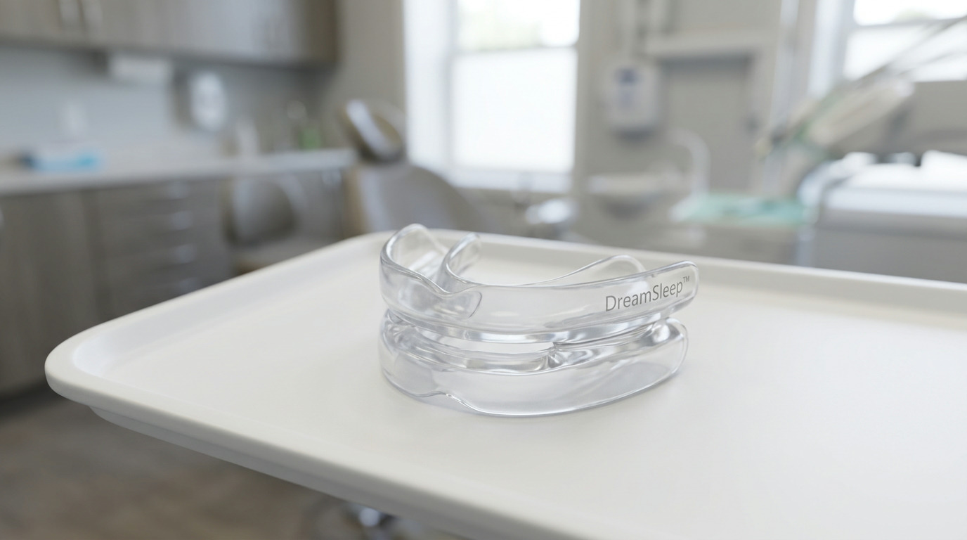 A clear DreamSleep oral appliance rests on a white medical tray in the foreground, with a blurred dental office and chair visible in the background.