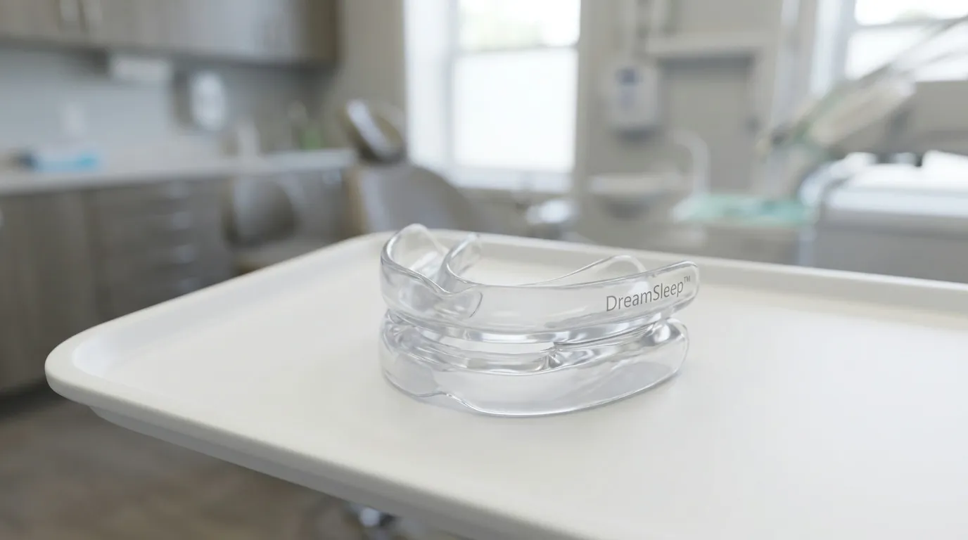 A clear DreamSleep oral appliance rests on a white medical tray in the foreground, with a blurred dental office and chair visible in the background.