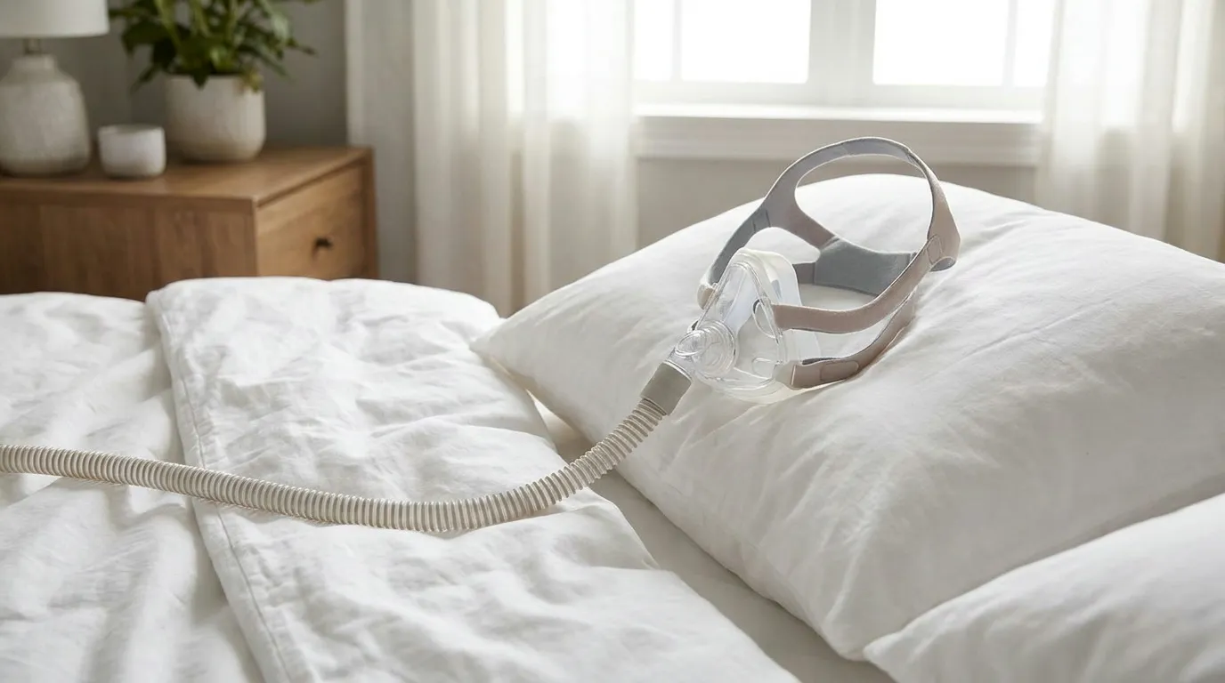 A CPAP mask with a clear facepiece, gray and beige straps, and a flexible hose rests on a white pillow and bed, with a wooden nightstand, lamp, plant, and window with white curtains in the background.
