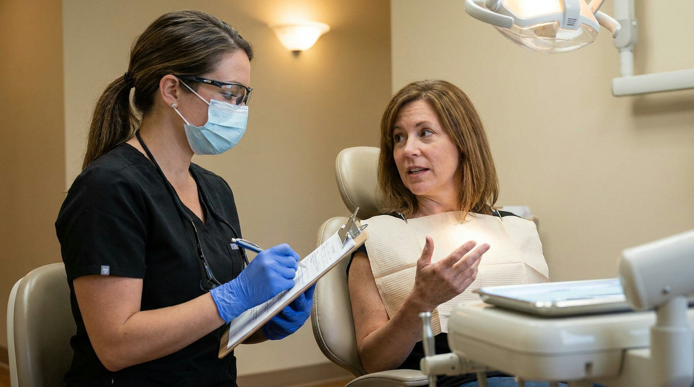 Dr. Ashley Civetti, wearing a mask, glasses, and blue gloves, writes on a clipboard while a patient named Stephanie, wearing a dental bib, sits in a dental chair and gestures with her hand.
