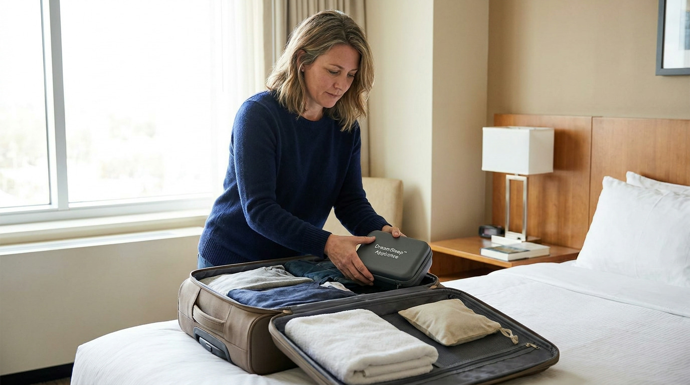 Lauren packs a gray case labeled "DreamSleep™ Appliance" into an open suitcase filled with clothes, which rests on a white hotel bed.