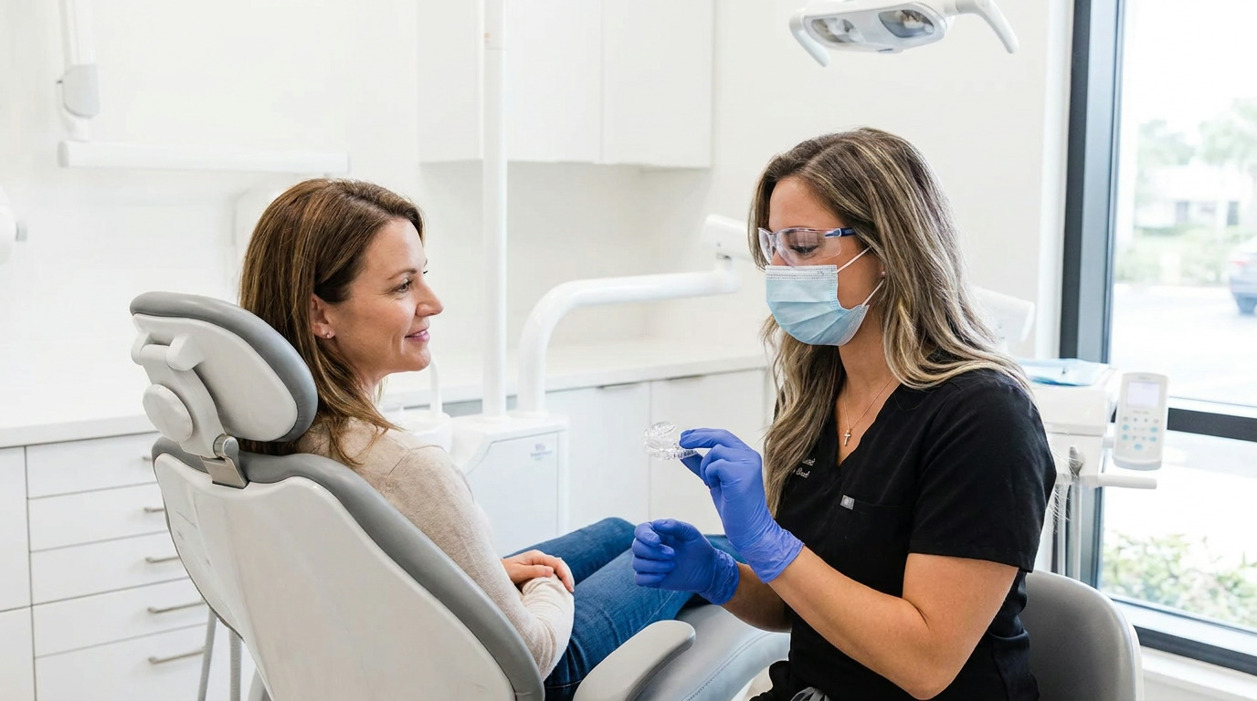 Dr. Civetti, wearing a mask and safety glasses, holds a clear oral appliance while consulting with Lauren, who is seated in a dental chair in a bright operatory.