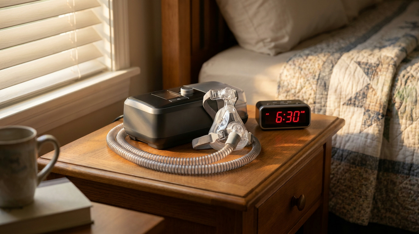 A CPAP machine with its mask and tubing is on a wooden bedside table next to a digital alarm clock displaying 6:30. A window with blinds and a bed with a patterned quilt are visible in the background.