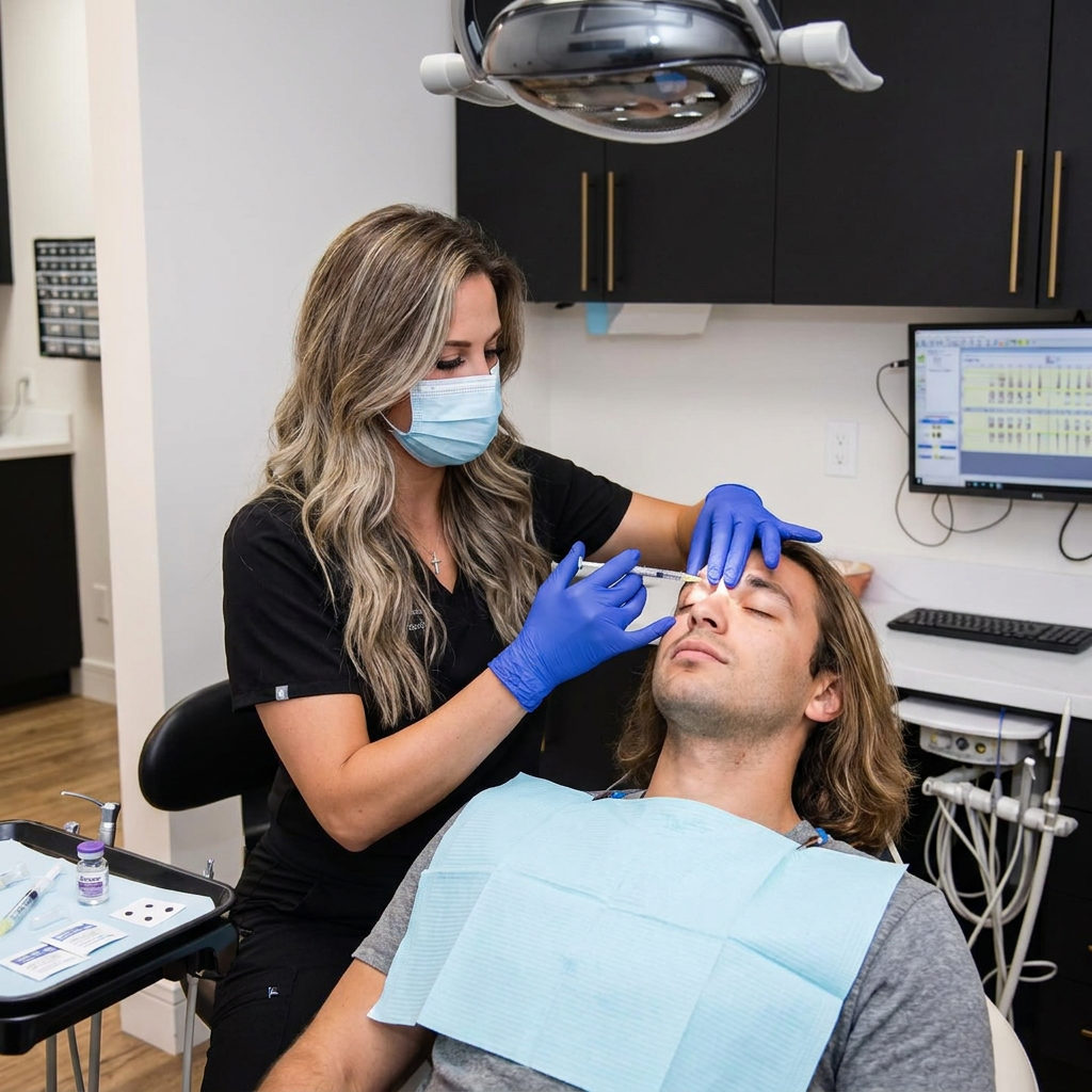 A dentist performs a Botox treatment for a man at Pearl Palm Beach Dental in Royal Palm Beach, FL.