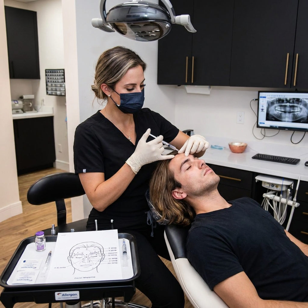 A dentist at Pearl Palm Beach Dental in Royal Palm Beach, FL, provides cosmetic Botox for a man in a dental chair.