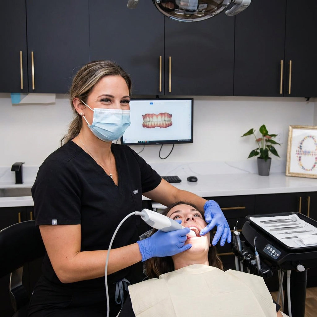 A dentist at Pearl Palm Beach Dental in Royal Palm Beach uses digital equipment to examine a patient for TMJ symptoms.