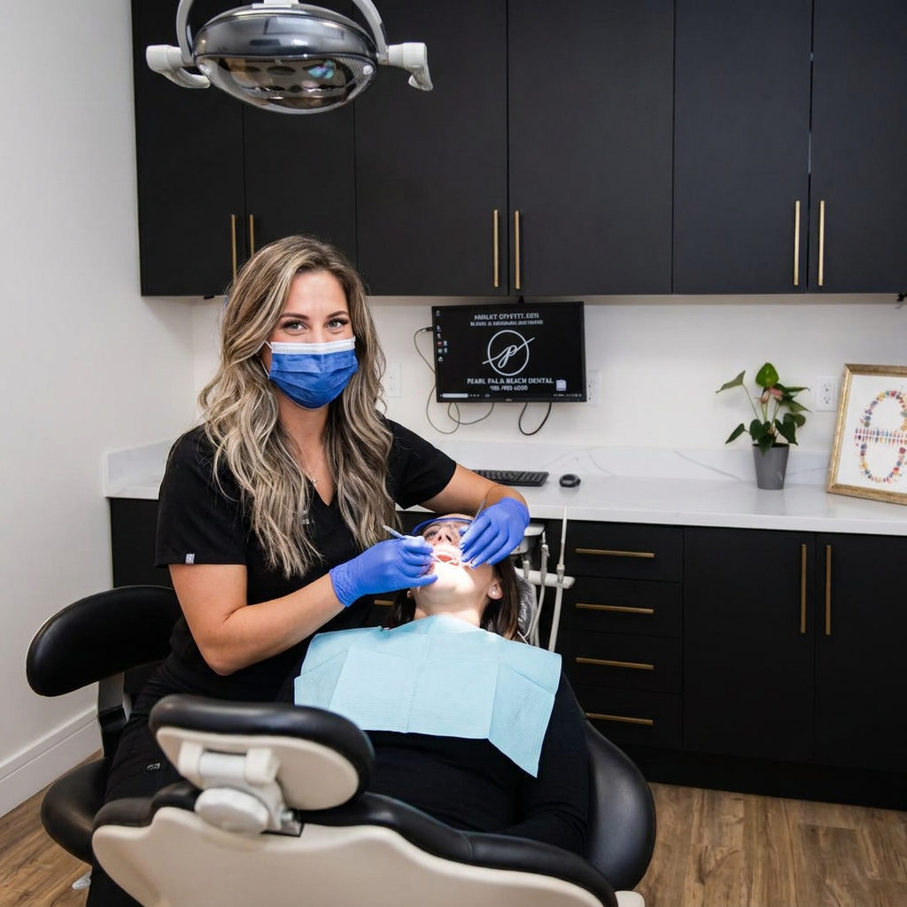 A dentist in navy scrubs examines a patient at Pearl Palm Beach Dental, a modern clinic in Royal Palm Beach, Florida.