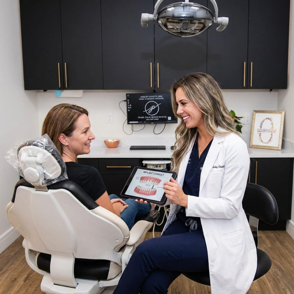 A dentist in blue scrubs talks with a patient about TMJ treatment options at Pearl Palm Beach Dental in Royal Palm Beach.
