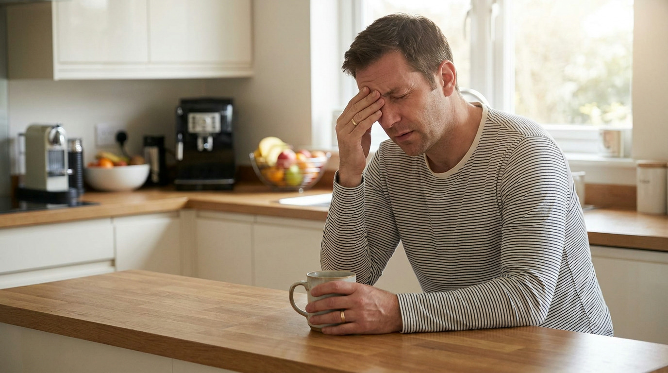 Christopher sits at a kitchen island, rubbing his temples with one hand while holding a coffee cup in the other, with his eyes slightly closed and morning light streaming through a window.