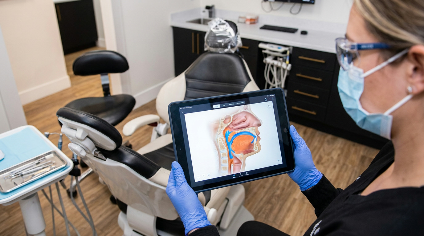 A person in blue gloves, safety glasses, and a medical mask holds a tablet displaying a 3D anatomical model of a human upper airway in a modern dental office with a dental chair and instruments.