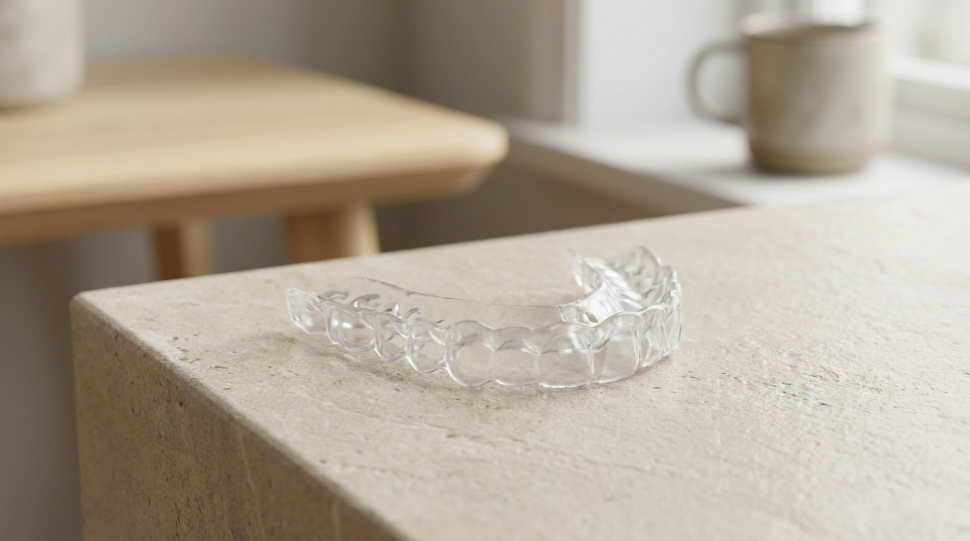 A clear oral appliance rests on a light-colored, textured surface, with a blurred light wooden table and a beige mug on a window sill in the background.
