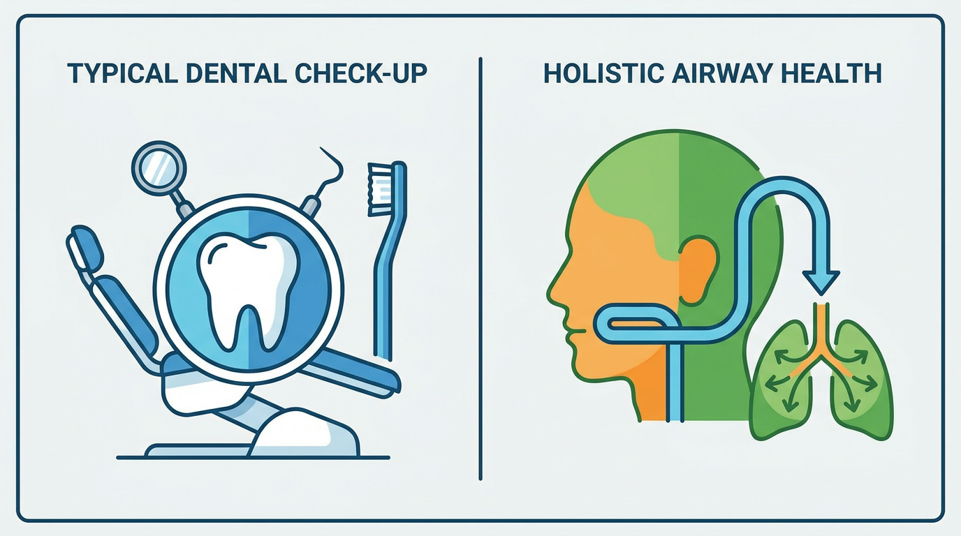 A split graphic shows a dental chair, tooth, mirror, pick, and toothbrush on the left, labeled "TYPICAL DENTAL CHECK-UP," and a stylized head with airways and lungs on the right, labeled "HOLISTIC AIRWAY HEALTH.
