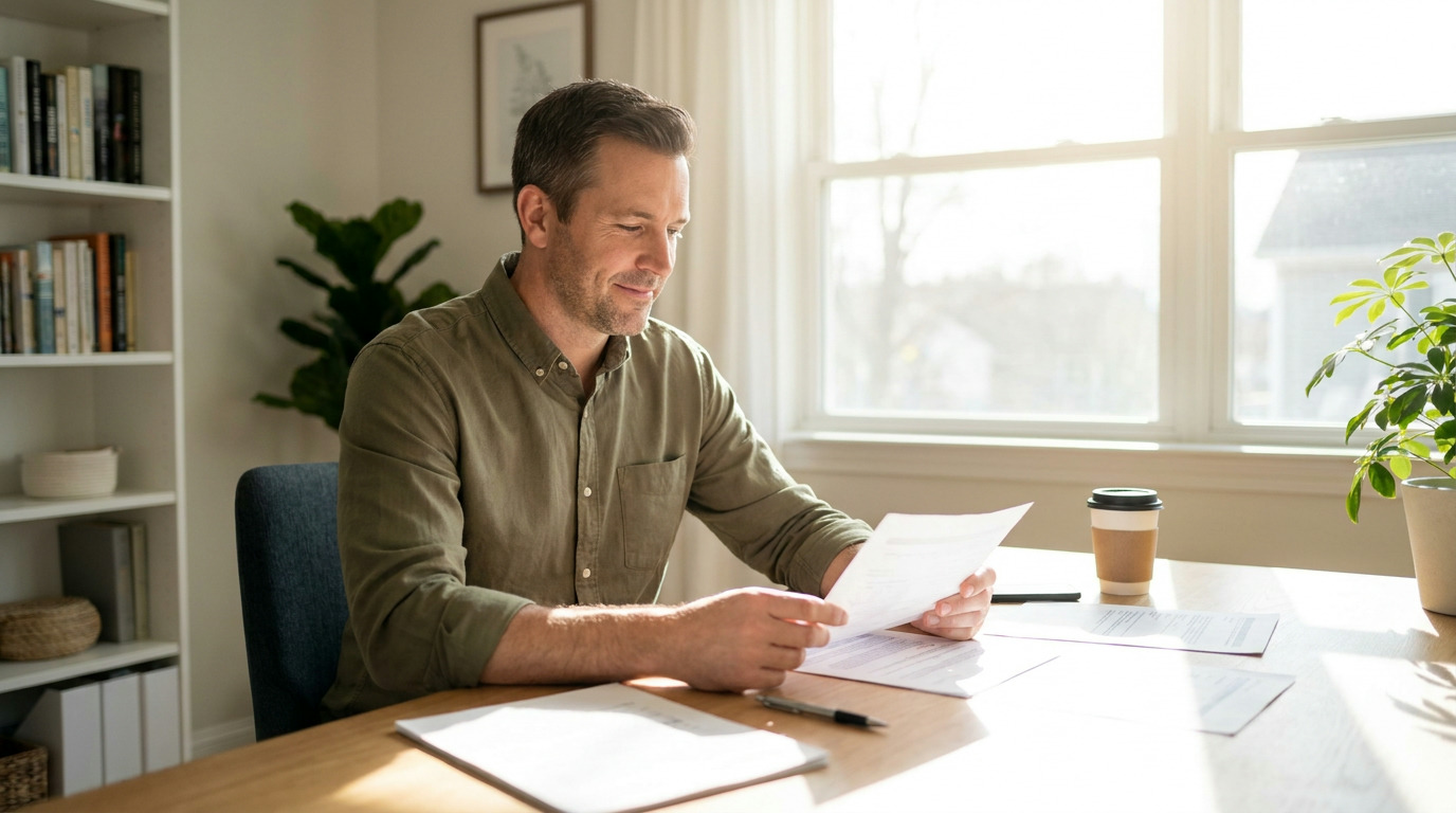 Christopher sits at a wooden desk in an olive shirt, smiling as he reads papers, with a coffee cup and plant nearby, bathed in sunlight from a large window.