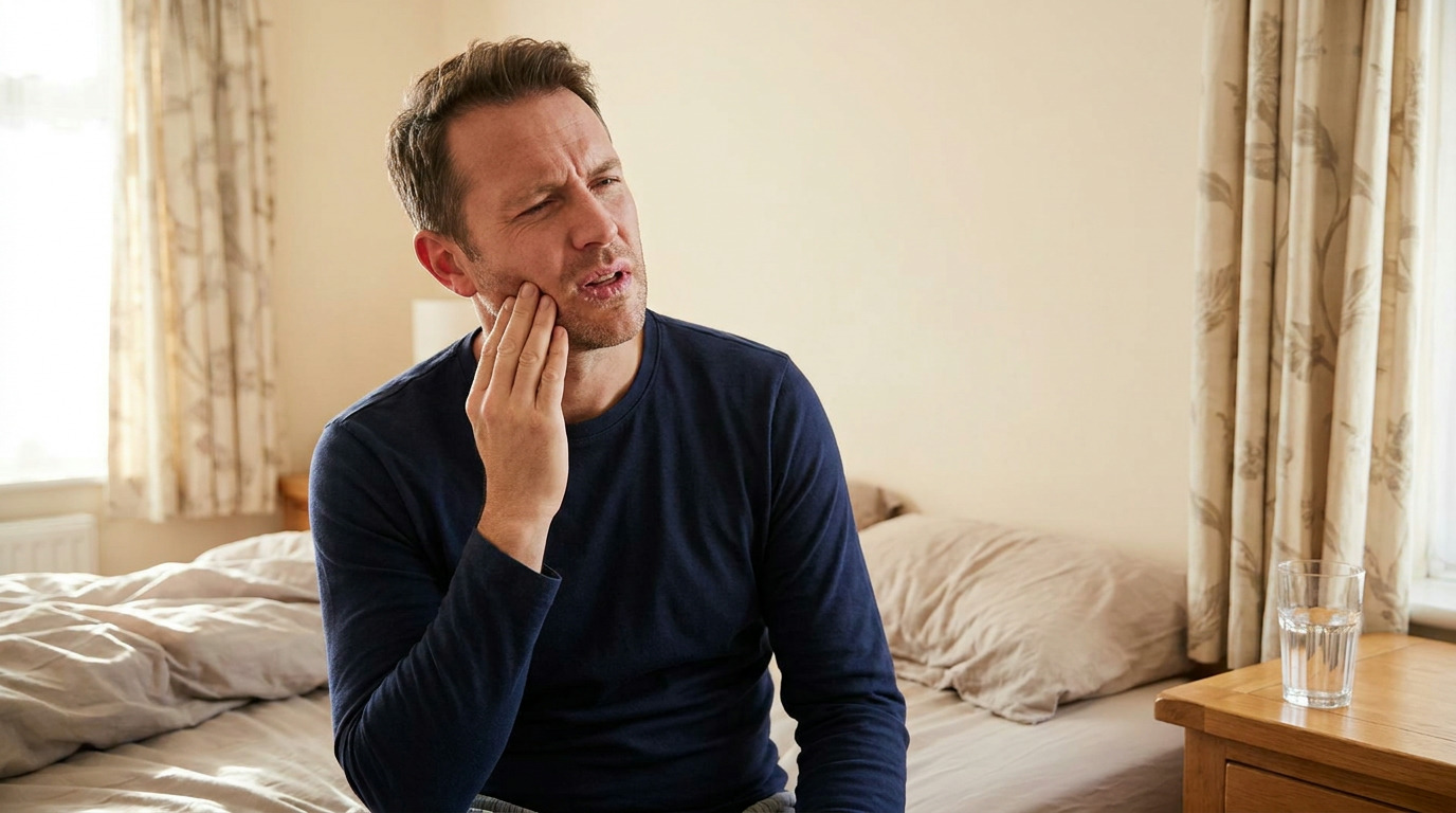 Christopher sits on a bed in a bedroom, holding his right cheek with a pained expression, wearing a navy long-sleeved shirt, with a glass of water on a nightstand beside him.