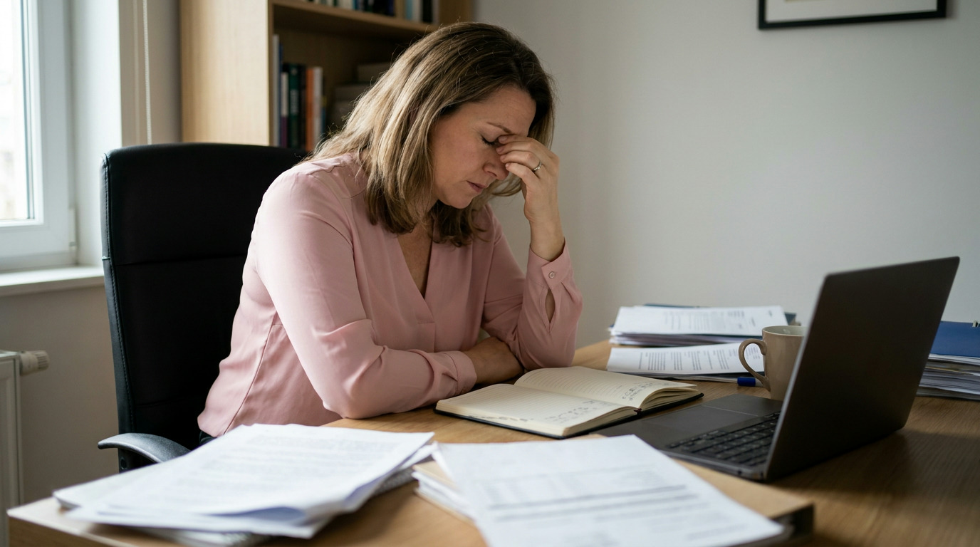 Martha sits at a desk, wearing a pink blouse, holding her forehead with one hand, next to an open notebook, a laptop, and stacks of papers.